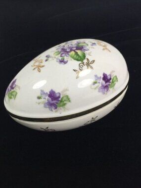 Vintage Loft Egg-Shaped Porcelain Trinket Box Candy Dish Gold Accents Floral